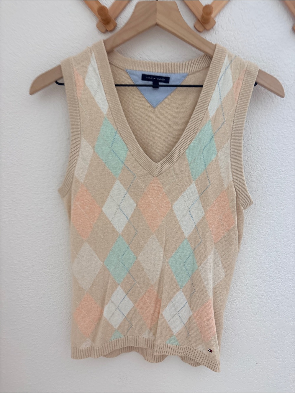 Vintage Tommy Hilfiger Y2K 90s Cashmere Pastel Argyle Preppy V-Neck Sweater Vest